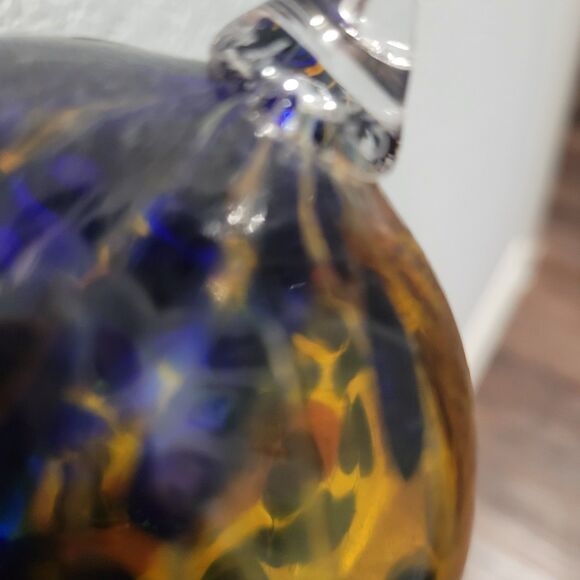 Hand Blown Art Glass Witch Ball Orb Ornament Suncatcher Blue Yellow 3" 2010 sign - Picture 8 of 8